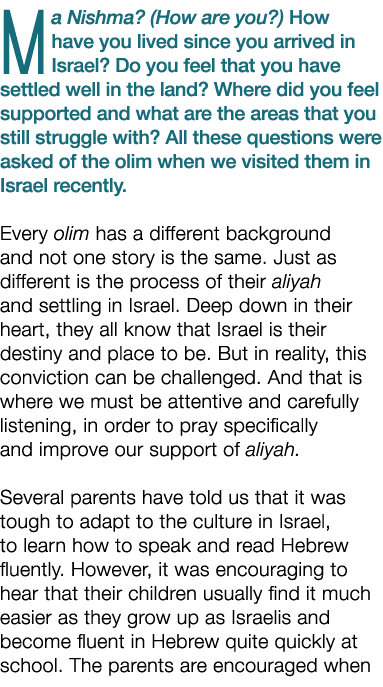 Ma Nishma? (How are you?) How have you lived since you arrived in Israel? Do you feel that you have settled well in t...